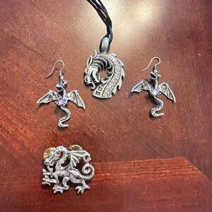 Dragon Jewelry Set Silver-Tone Pendant Necklace Amethyst‎ Earrings, Pin